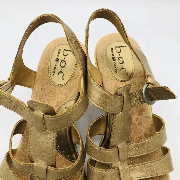 BOC Sandals Womens Size 10 Gold Born Concept Leather Buckle Cork Wedge Shoes - Picture 12 of 13